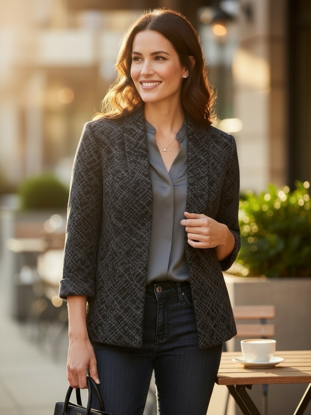 Avenue Jacket Blazer Size 14/16 Black Gray Long Sleeves Open Front Cardigan